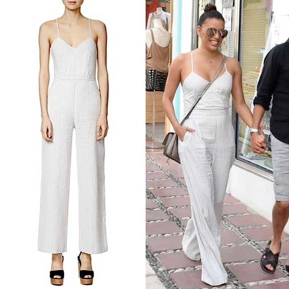 MAJE Striped Crisscross Corset Back Sleeveless Wide Leg Eva Longoria Jumpsuit 4 - Picture 1 of 10